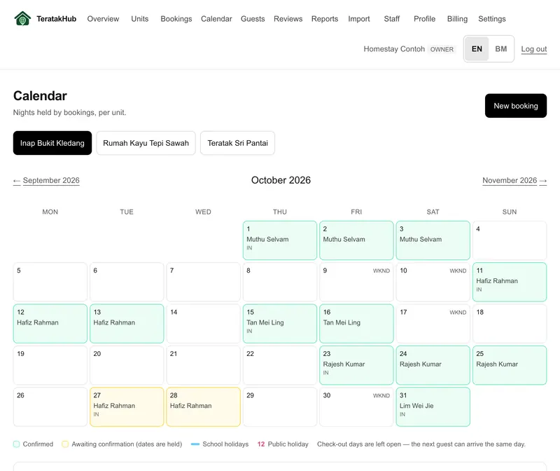 Booking calendar for one unit over a month, with booked nights marked in green