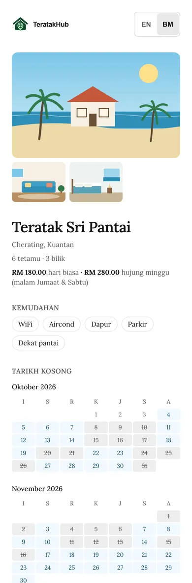 Halaman tempahan awam satu unit homestay di telefon